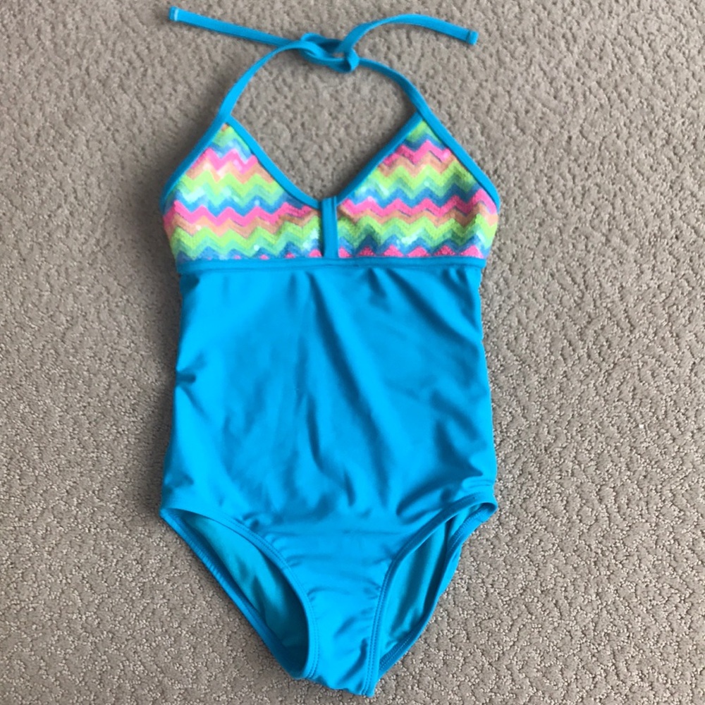 Girls one piece bathing suit, blue w/  sequins S